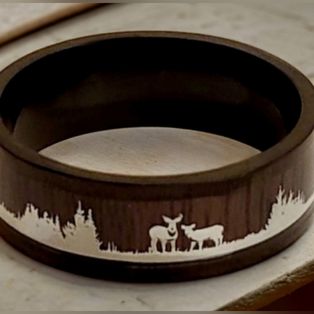 Mens Deer and Trees Stainless Steel Ring